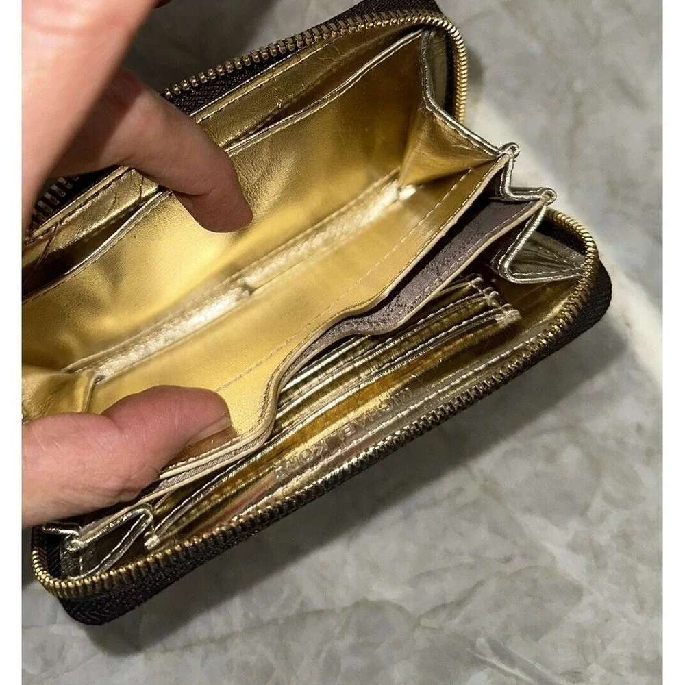 Michael Kors Patent Leather Wristlet Wallet Monogram Gold Black Zip Designer